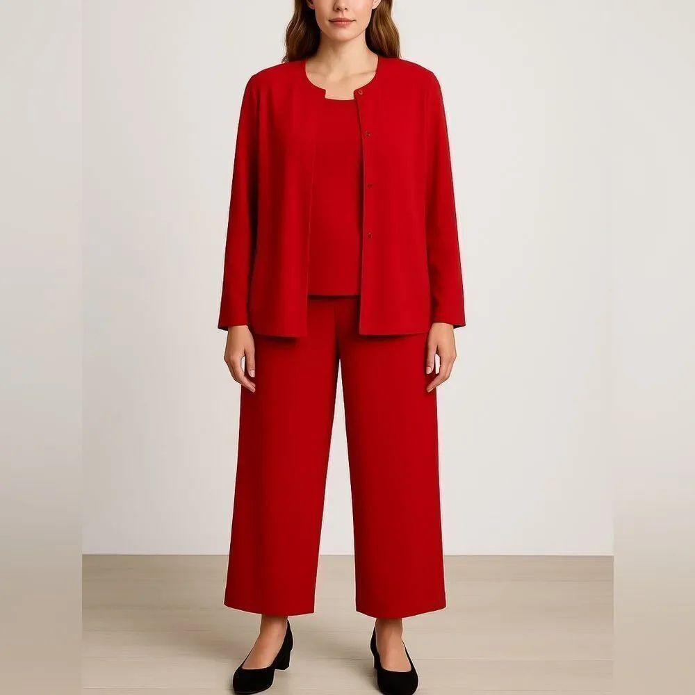 Diane Gilman Collection Red 3 Piece Pantsuit Set Jacket Top Pants Size M/L